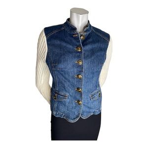 Jones New York Jeans Cotton Cardigan with Denim Bodice and Collar Petite Small